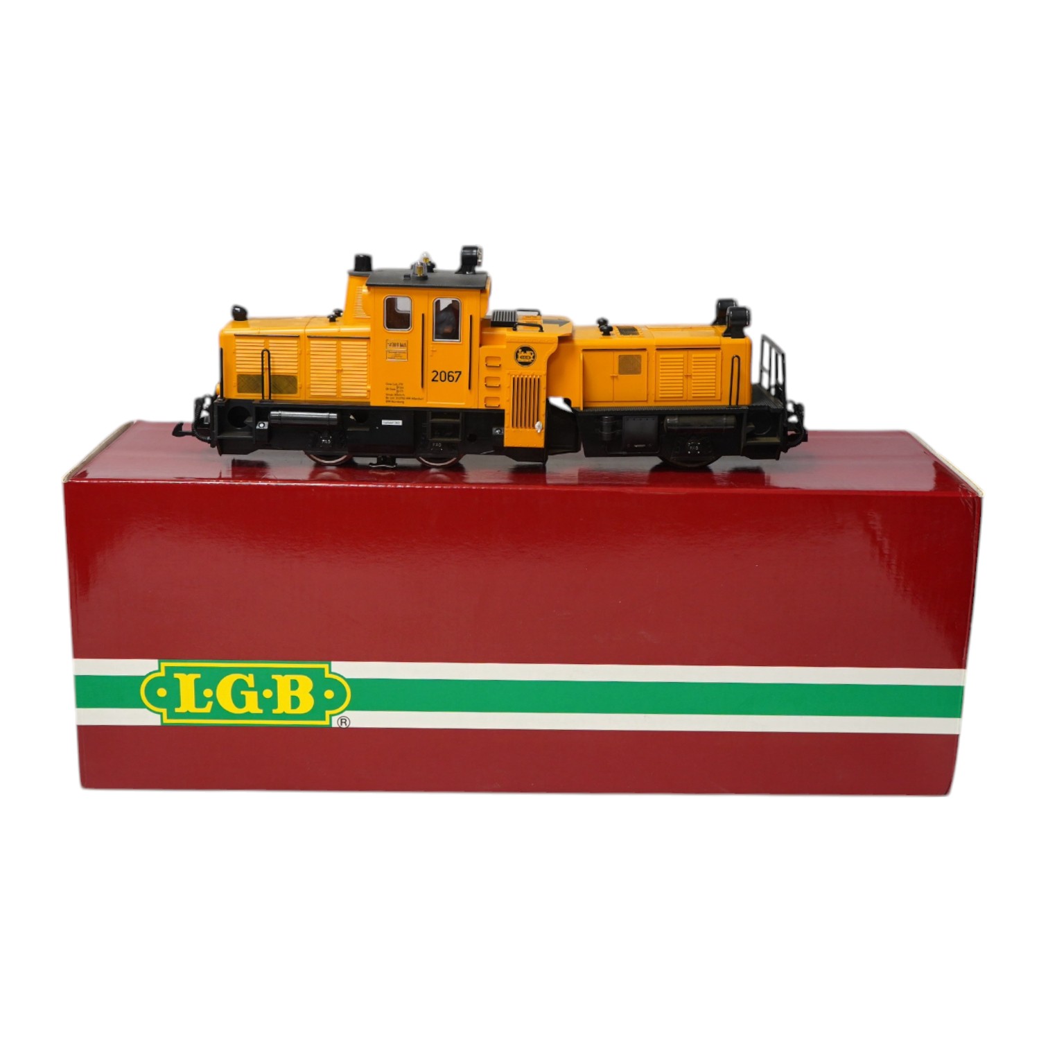 A boxed Lehman LGB (2067) G scale railway Schoema diesel rail cleaning locomotive, 2067, in yellow livery. Condition - good, some evidence of running wear.